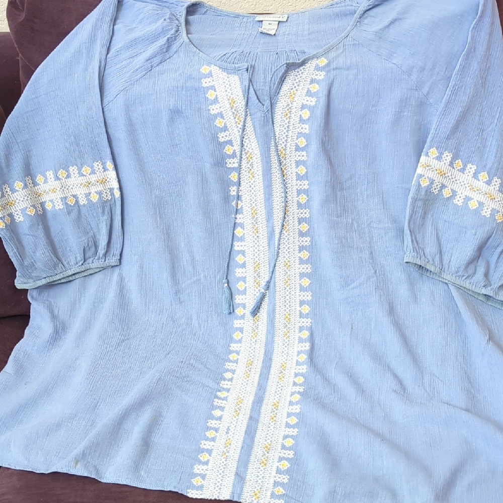 Catherines Light Blue Top with White and Yellow Embroidery.